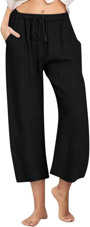 Linen Pants Women Summer Cotton Linen Capris 2025 Wide Leg Boho Pants Drawstring Vacation Beach Cropped Trouser Capris