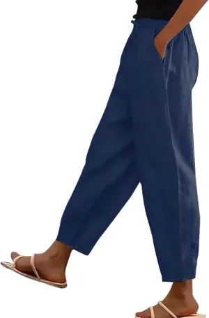 Linen Pants Women Summer Straight Leg High Elastic Waist Trousers with Pockets Drawstring Palazzo Pants
