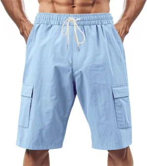 Linen Shorts for Men Cargo Elastic Waist Drawstring Shorts Summer Lightweight Pants Relaxed Fit with Pockets