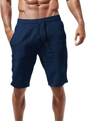 Linen Shorts for Men, Men's Casual Cotton Linen Shorts Elastic Waist Drawstring Summer Sports Golf Shorts with Pockets