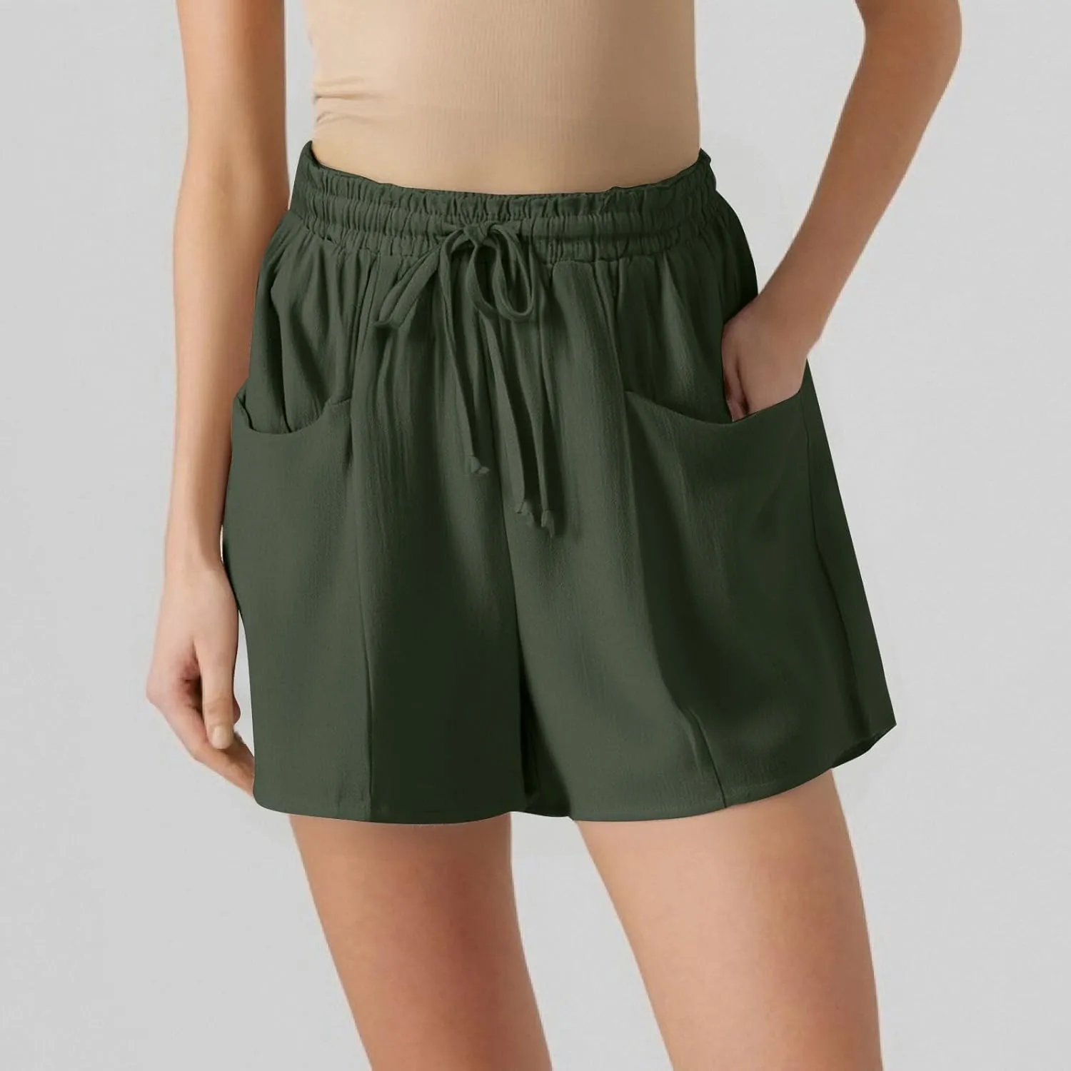 Linen Shorts for Women Casaul Drawstring High Waisted Pull On Shorts with Pockets Comfy Summer Beach Outfits