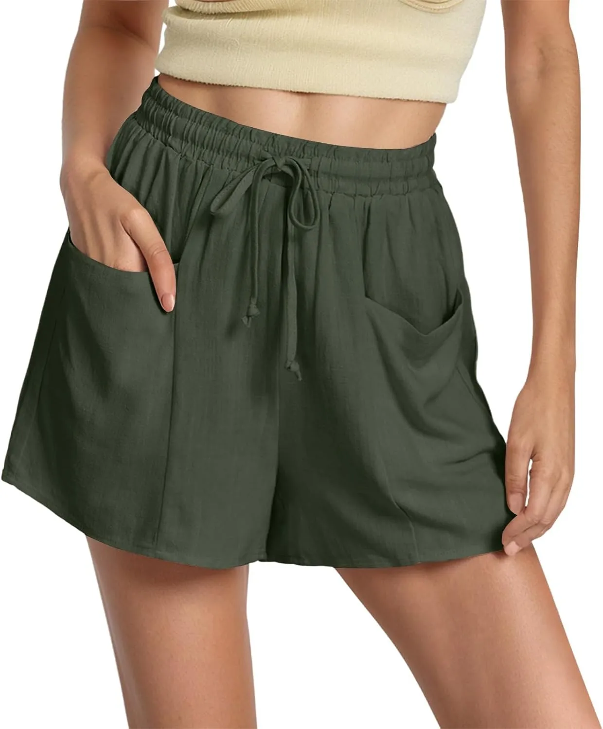 Linen Shorts for Women Casaul Drawstring High Waisted Pull On Shorts with Pockets Comfy Summer Beach Outfits