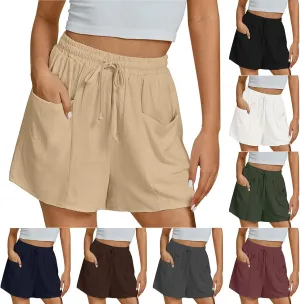 Linen Shorts for Women Casaul Drawstring High Waisted Pull On Shorts with Pockets Comfy Summer Beach Outfits