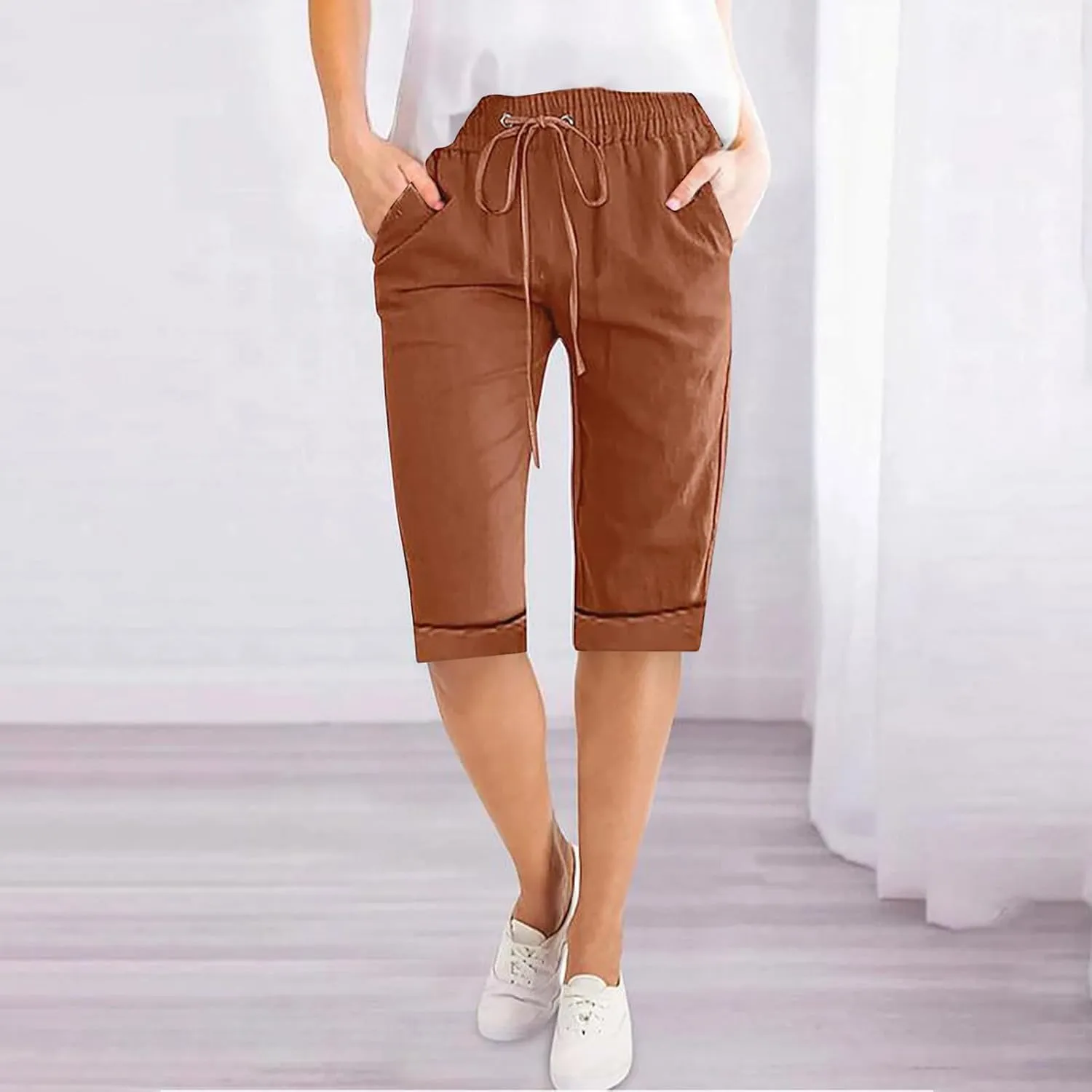 Linen Shorts for Women Casual Summer Drawstring Elastic Waist Pants with Pockets Comfy Bermuda Shorts Knee Length