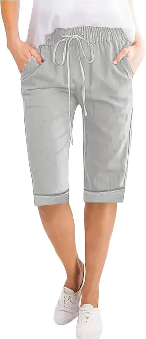 Linen Shorts for Women Casual Summer Drawstring Elastic Waist Pants with Pockets Comfy Bermuda Shorts Knee Length