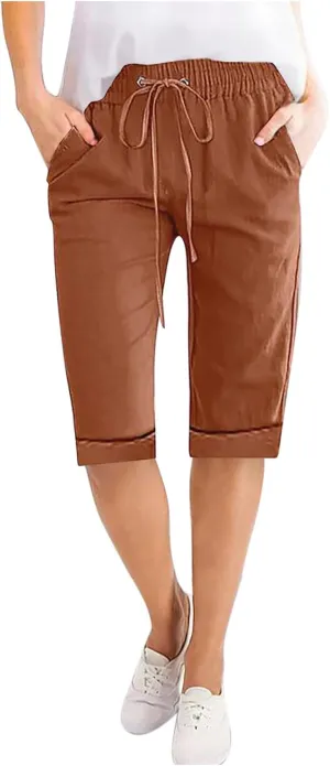 Linen Shorts for Women Casual Summer Drawstring Elastic Waist Pants with Pockets Comfy Bermuda Shorts Knee Length