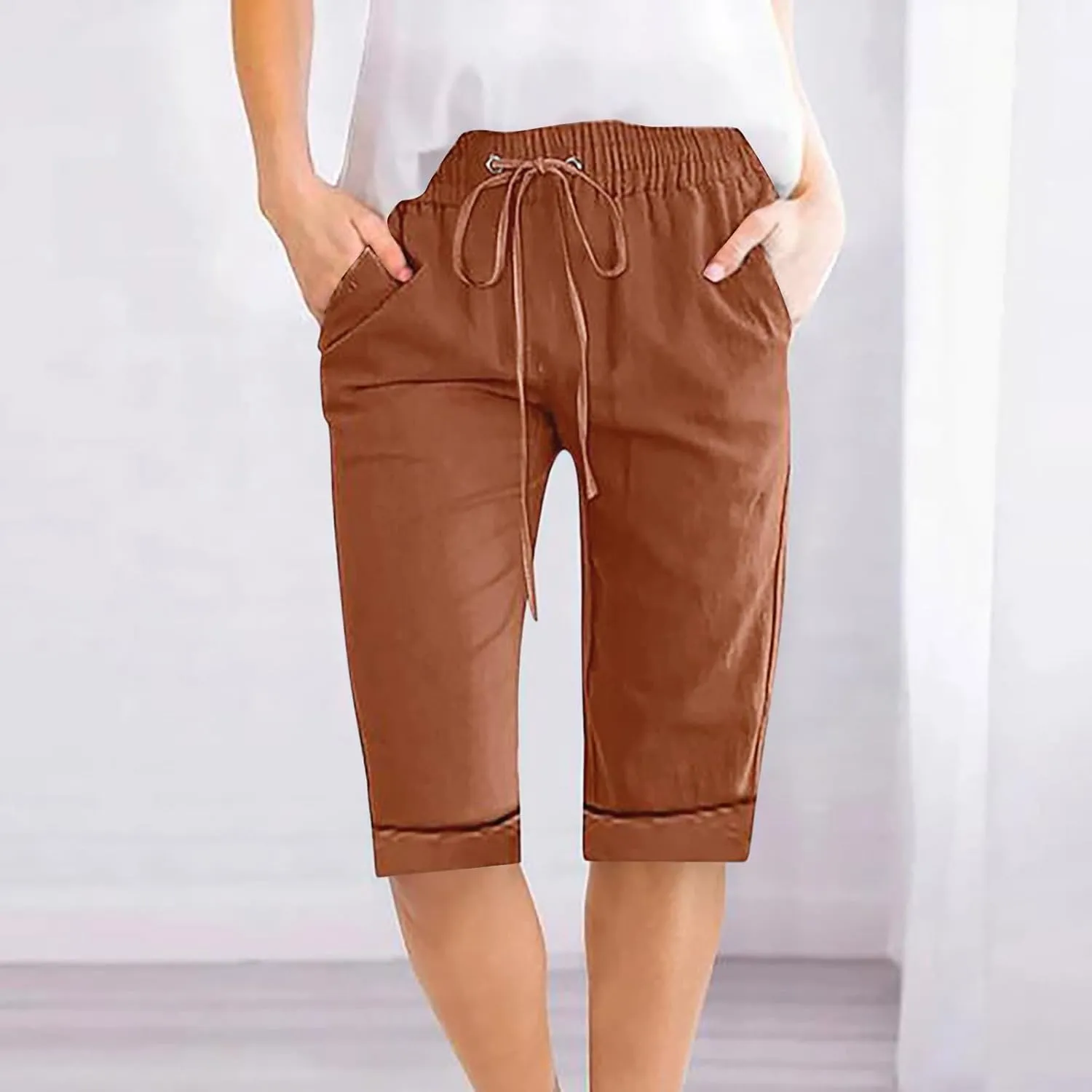 Linen Shorts for Women Casual Summer Drawstring Elastic Waist Pants with Pockets Comfy Bermuda Shorts Knee Length