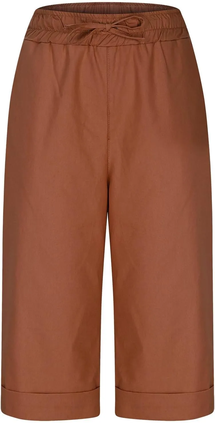 Linen Shorts for Women Casual Summer Drawstring Elastic Waist Pants with Pockets Comfy Bermuda Shorts Knee Length