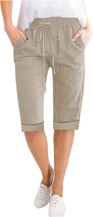 Linen Shorts for Women Casual Summer Drawstring Elastic Waist Pants with Pockets Comfy Bermuda Shorts Knee Length