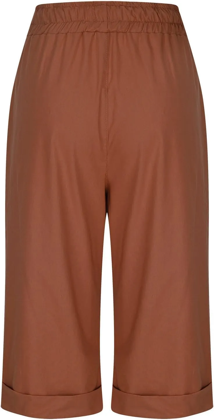 Linen Shorts for Women Casual Summer Drawstring Elastic Waist Pants with Pockets Comfy Bermuda Shorts Knee Length