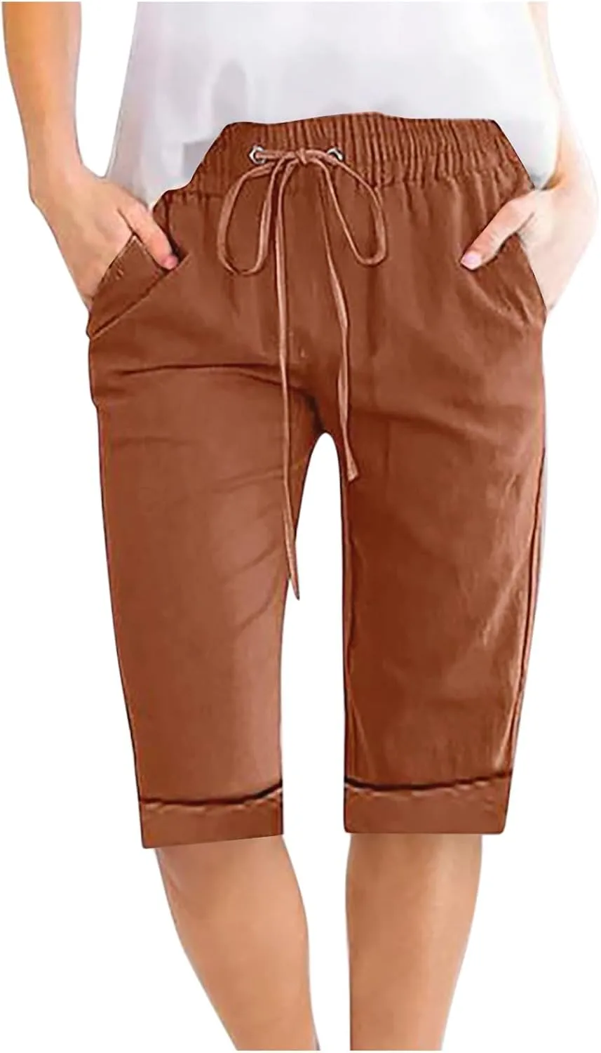 Linen Shorts for Women Casual Summer Drawstring Elastic Waist Pants with Pockets Comfy Bermuda Shorts Knee Length