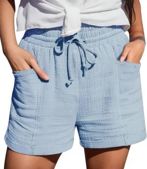 Linen Shorts for Women Plus Size Summer Trendy 2024 High Waisted Casual Shorts Loose Drawstring Beach Shorts Pockets