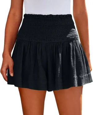 Linen Shorts for Women Summer Flowy Beach Shorts Casual Smocked High Waisted Wide Leg Lightweight Loose Comfy Short