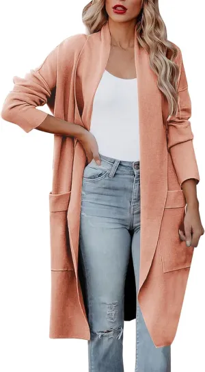 Long Cardigans For Women Lightweight Wool Blend Long Trench Coat Open Front Long Sleeve Jacket Outwear Tan Long