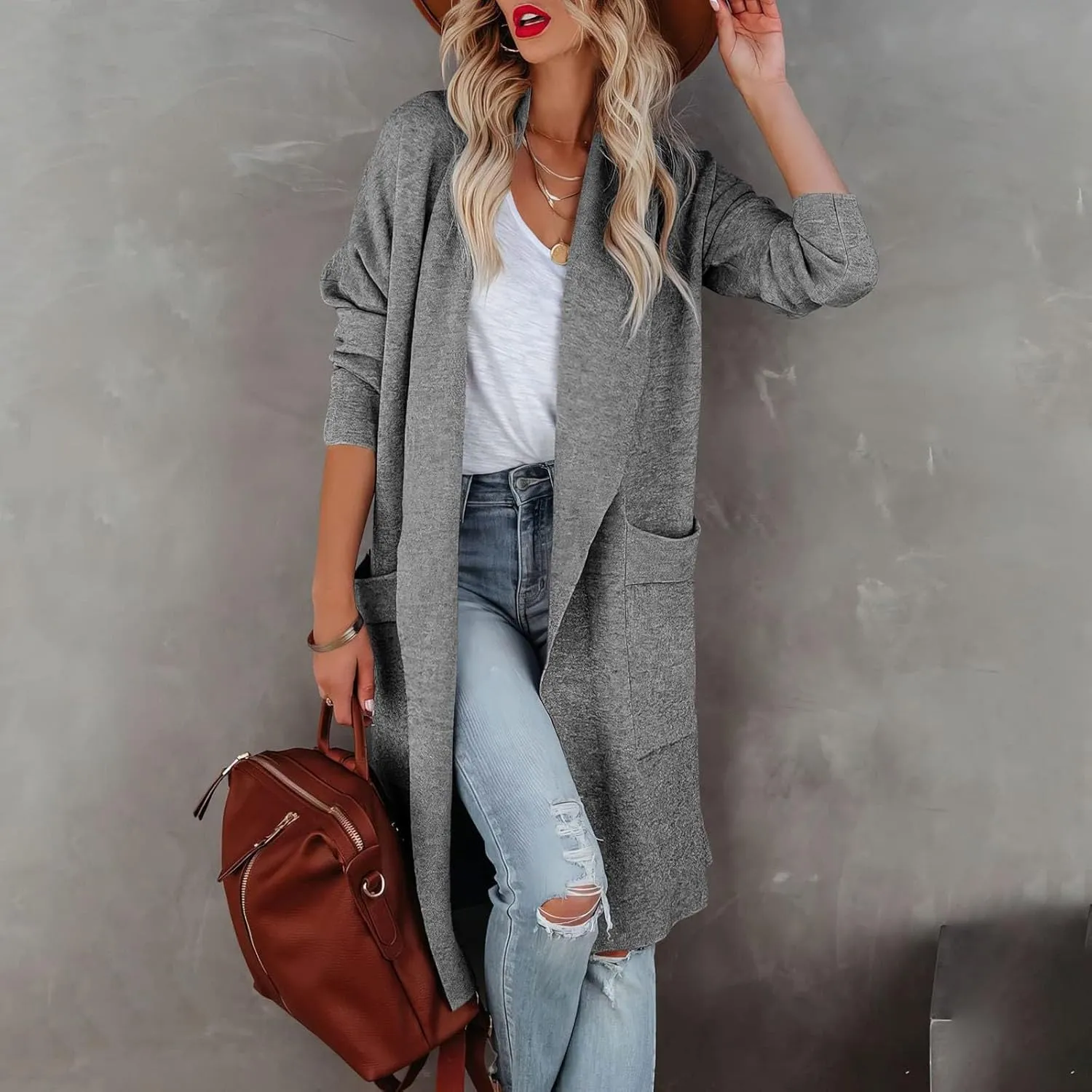 Long Cardigans For Women Lightweight Wool Blend Long Trench Coat Open Front Long Sleeve Jacket Outwear Tan Long