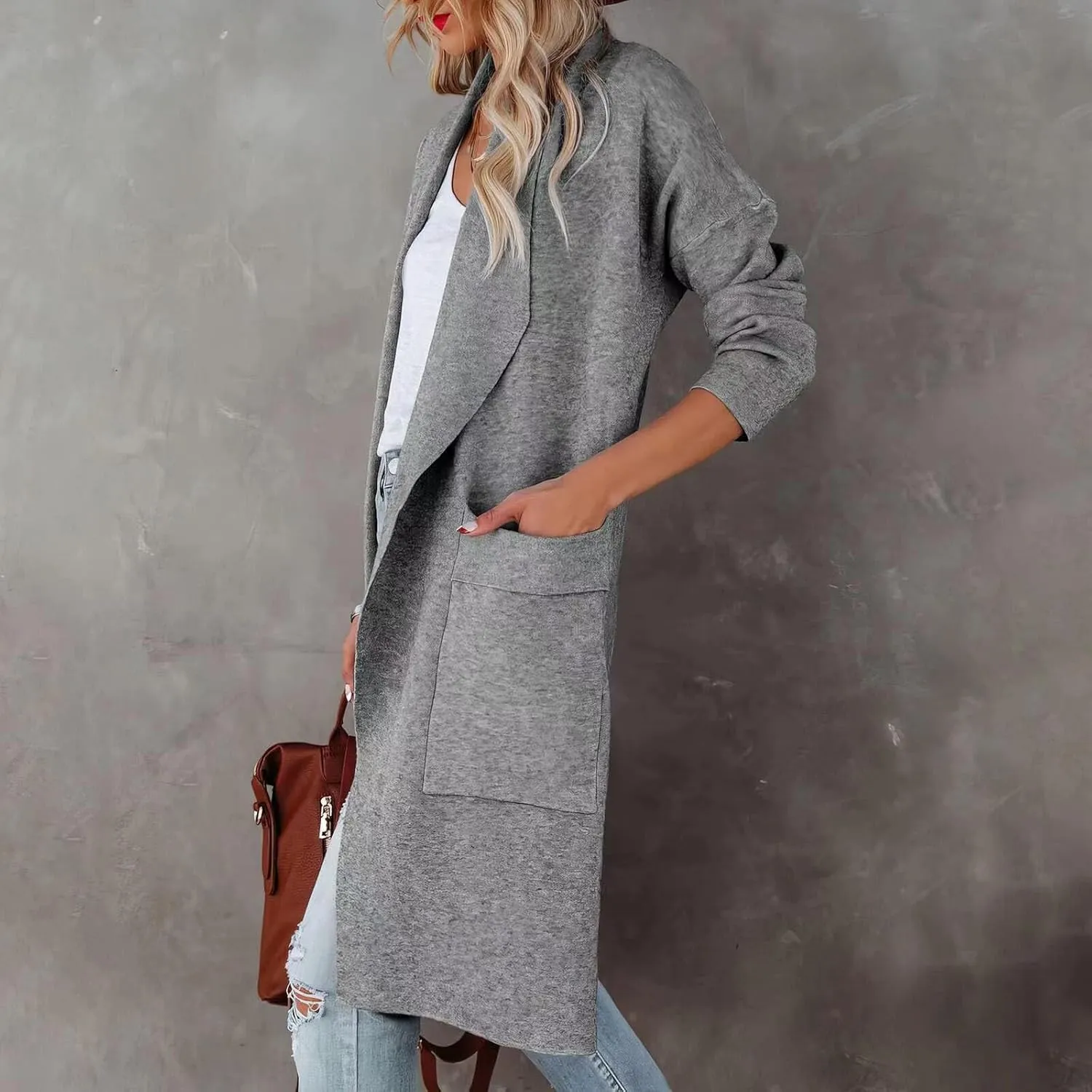 Long Cardigans For Women Lightweight Wool Blend Long Trench Coat Open Front Long Sleeve Jacket Outwear Tan Long