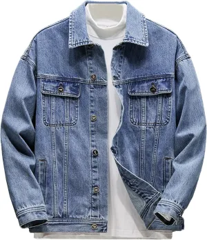 Maiyifu-GJ Men's Distressed Jean Jacket Long Sleeve Denim Trucker Jacket Regular Fit Button Up Utility Pocket Overshirt