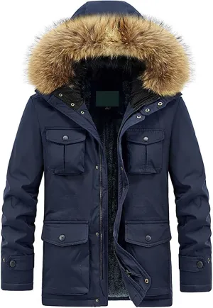 Men Fleece Lined Parka with Fur Hood Oversize Thicken Windproof Winter Warm Coat Casual Snowproof Puffer Jacket Tops