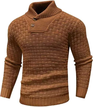 Men Turtleneck Sweater Fashion Twisted Knit Jacquard Button up Stand Collar Pullover Fall Winter Long Sleeves Tops