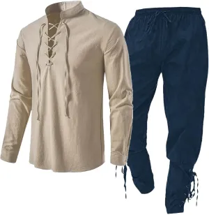 Men's 2 Piece Tracksuits Set Outfit Set with Linen Shirt Men's Medieval Shirt Jogging Athletic Sports Sweat Suit