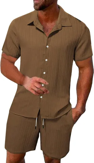 Men's 2 Pieces Short Sets Casual Cotton Linen Short Sleeve Button Down Shirt and Short Sets Summer Beach Outfits