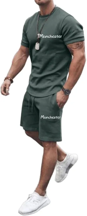 Mens Beach Outfits 2 Piece Shorts Crew Neck Letter Print Sport Shorts Set Classic Gym Workout Shorts Tracksuits