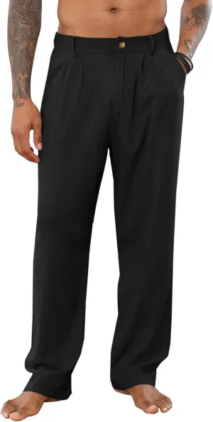 Mens Casual Cotton Linen Pants Casual Loose Fit Yoga Beach Trouser Button Elastic Waist Straight Pants with Pockets