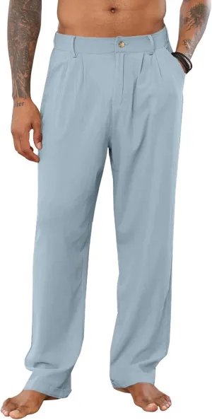 Mens Casual Cotton Linen Pants Casual Loose Fit Yoga Beach Trouser Button Elastic Waist Straight Pants with Pockets