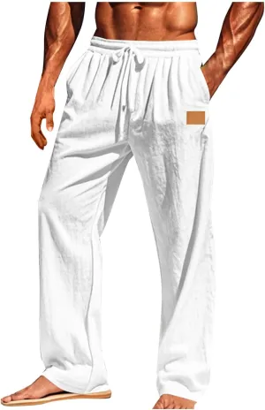 Men's Casual Cotton Linen Straight Pants Loose Fit Elastic Waist Drawstring Lightweight Pant Summer Beach Trousers