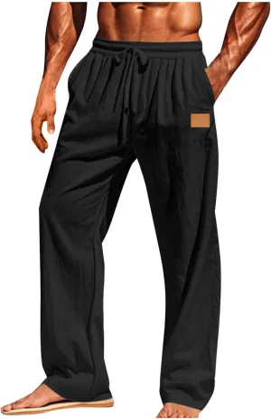Men's Casual Cotton Linen Straight Pants Loose Fit Elastic Waist Drawstring Lightweight Pant Summer Beach Trousers