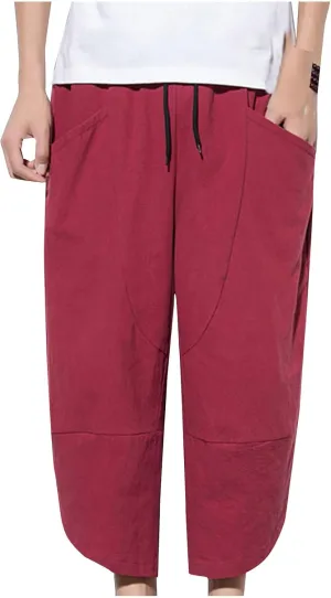Men's Casual Elastic Waist Linen Capri Pants Classic Drawstring Elastic Waist Wide Leg Baggy Solid Yoga Trousers