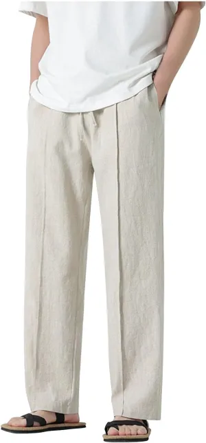 Men's Casual Linen Pants Elastic Waist Drawstring Straight Beach Pants Lightweight Loose Solid Joggers Trousers