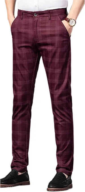 Mens Casual Plaid Pants Fashion Retro Tapered Stretch Slim Fit Business Dress Chino Pants