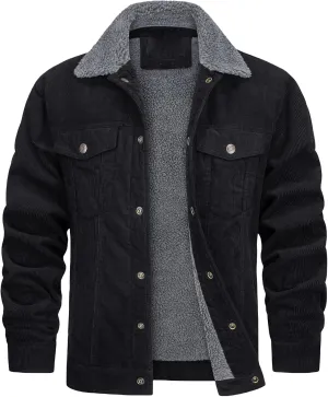 Men's Corduroy Sherpa Lined Trucker Jacket Winter Fleece Warm Coats Work Button Down Fur Collar Shirt Jacket for Men