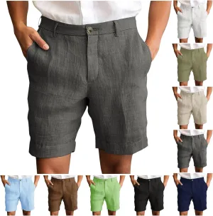 Men's Cotton Linen Shorts Solid Color Casual Pocket Half Shorts Button Zipper Dress Pants with Pockets