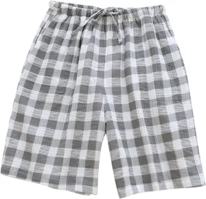 Men's Cotton Plaid Casual Shorts Sleepwear Shorts Pajama Bottom Lounge Short with Pockets Elastic Waist Sleep Shorts