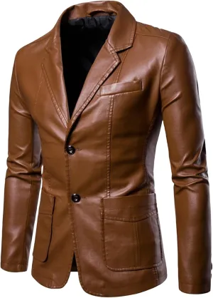Mens Faux Leather Suit Blazer Regular Fit Button Down Business Lambskin Leather Jacket Blazer Sport Coat with Pockets