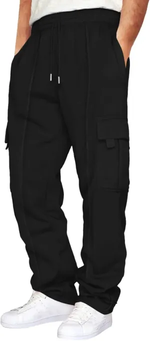 Men's Heavyweight Cargo Fleece Sweatpants Stretch Elastic Waist Trousers Drawstring Loose Fit Joggers with Pockets