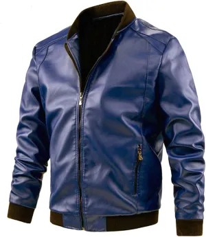 Mens Jacket and Autumn Loose Solid Color Zip PU Leather Jacket Short Lapel Motorcycle Leather Jacket Coat Faux