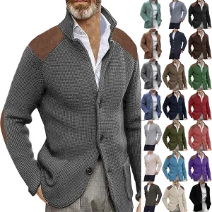 Mens Knitted Cardigan Jackets Button Up Coat Slim Fit Long Sleeve Chunky Shawl Stand Collar Sweater with Pockets