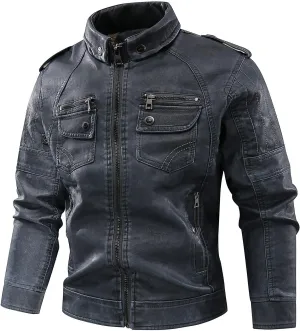 Mens Leather Jacket Stand Collar Moto Jacket Vintage Motorcycle Jacket Zip up Biker Jacket Casual Faux Leather Jacket