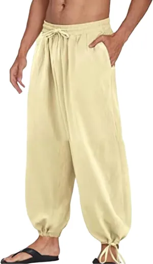 Mens Linen Beach Pants Casual Loose Fit Trousers Solid Elastic Waist Drawstring Slacks Summer Vacation Tapered Pants