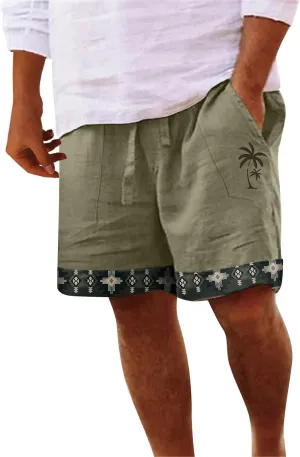 Men's Linen Shorts Casual Elastic Waist Drawstring Palm Tree Print Summer Beach Vacation Golf Shorts with Pockets