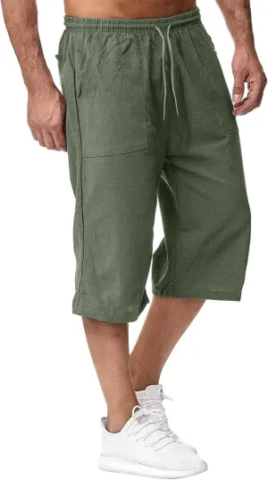 Mens Linen Shorts Casual Loose Cotton Cropped Pants Elastic Waist Drawstring Summer Classic Beach Shorts with Pockets