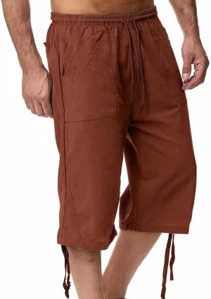 Men's Long Cotton Linen Shorts Knee Length 3/4 Baggy Pants Summer Drawstring Sport Golf Lounge Capri Pant with Pockets 04- Orange X-Large