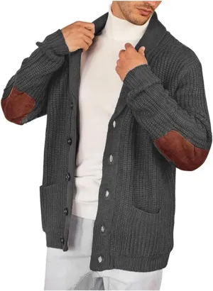 Mens Long Sleeve Lapel Collar Cardigan Sweaters Button Down Cable Knitted Sweater Casual Suede Patchwork Sweater Coat