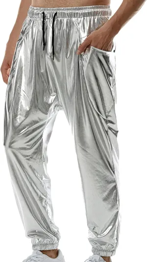 Mens Metallic Disco Pants 70s/80s Sequin Pants Drawstring Waist Night Club Party Pants Rave Shiny Jogger