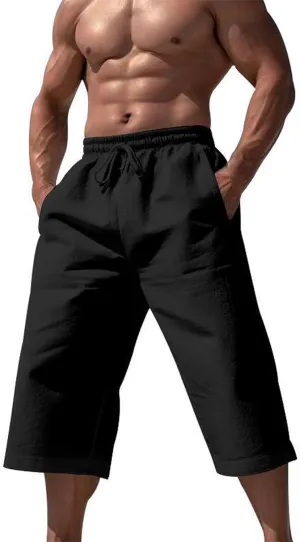 Men's Pajama Shorts Cotton Lounge Sleep Shorts Elastic Waist Sleepwear Pants with Pockets Black