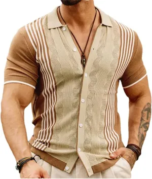 Men's Patchwork Knit Polo Shirt Button Down Cardigans Tops Short Sleeve Retro Knitwear