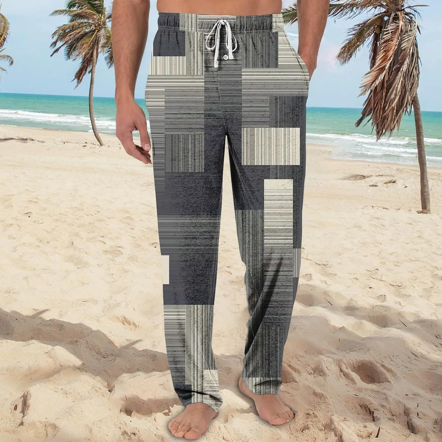 Men's Plaid Casual Pants Loose Fit Elastic Drawstring Waist Straight Leg Summer Beach Holiday Slacks Casual Trousers